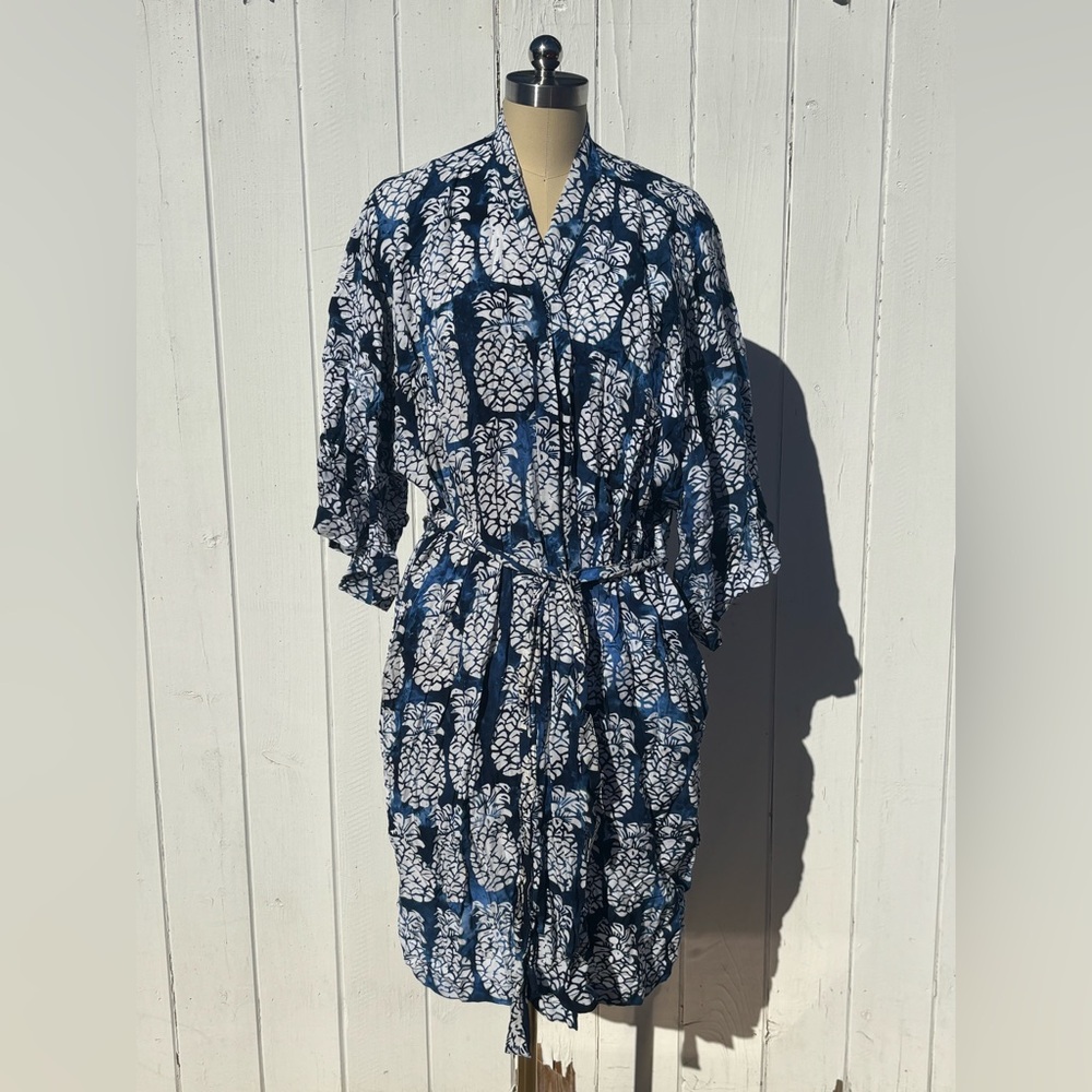 Blue Ginger Short Robe Pineapple Print O/S